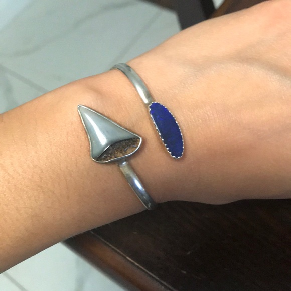 salted gems Jewelry - Shark tooth/blue sea glass bangle HANDMADE